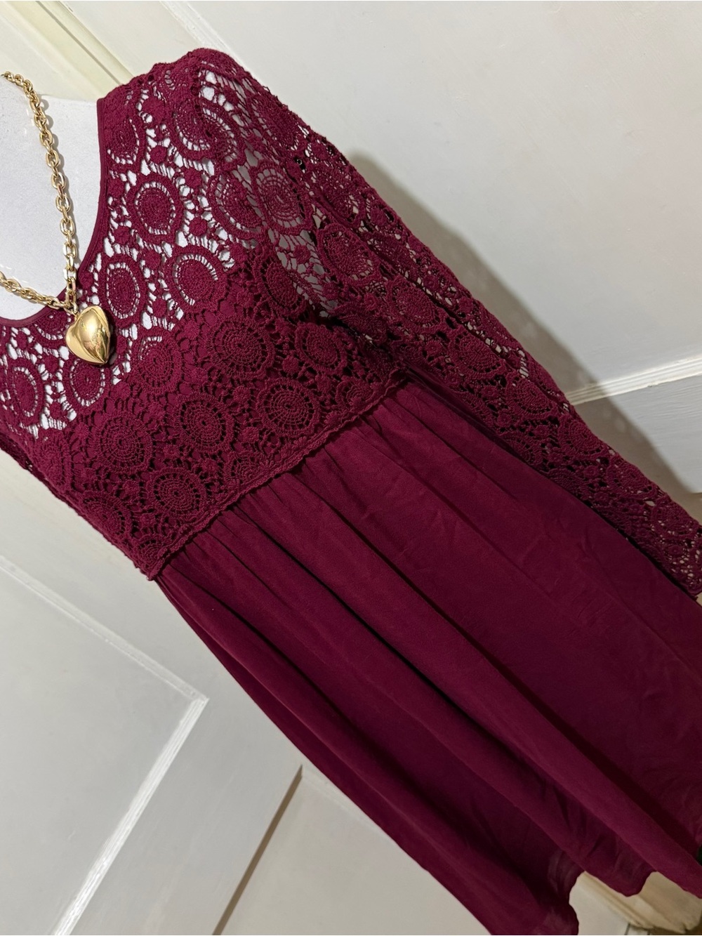 Blu Pepper Long Sleeve Lace Yoke Dress in Burgundy Medium w/ Free Shrug!